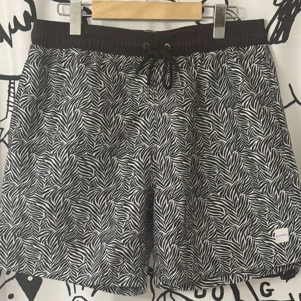 Black and White Patterned Swim Trunks